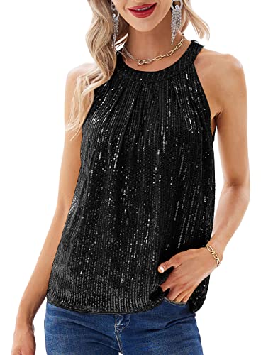 "Dazzle in Style: Women's XL Sequin Sleeveless Top in Black - Glamorous, Sparkling Round Neck Blouse Ideal for Clubbing, Disco Nights, and Romantic Evenings"