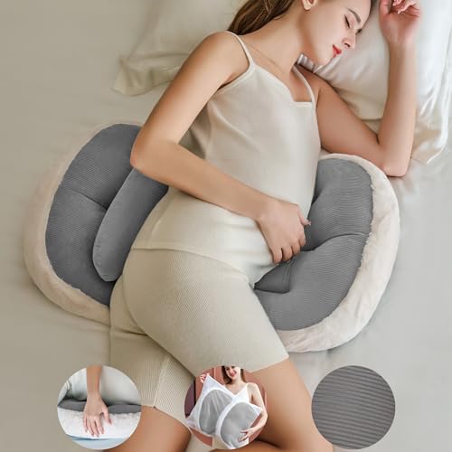 "Sleeping Pregnancy Pillow - Luxury Faux Fur Maternity Support Cushion for Expectant Mothers | Includes Laundry Bag | Comfortable Pregnancy Pillows for Hip Pain Relief - Gray"