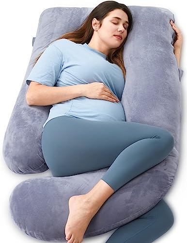 "U-Shaped 57" Maternity Pillow: Full-Body Support for Expectant Moms - Back, Leg, Belly Comfort with Detachable Grey Cover."