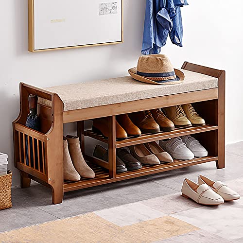 2-Tier Shoe Bench: Bamboo Shoe Storage Organizer with Hidden Drawer & Side Holder for Entryways, Living Rooms, and Hallways.