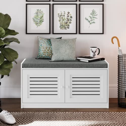Shoe Storage Bench White - Cushion Seat - Adjustable Shelves - Soft-Close Hinges - for Comfort & Style, Perfect for Entryway